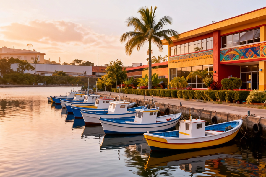 jimeng-2025-12-17-1782-参考图1的哥伦比亚企业场景，在画面中融入海边元素：平静的海湾停靠着一排整齐的渔船_