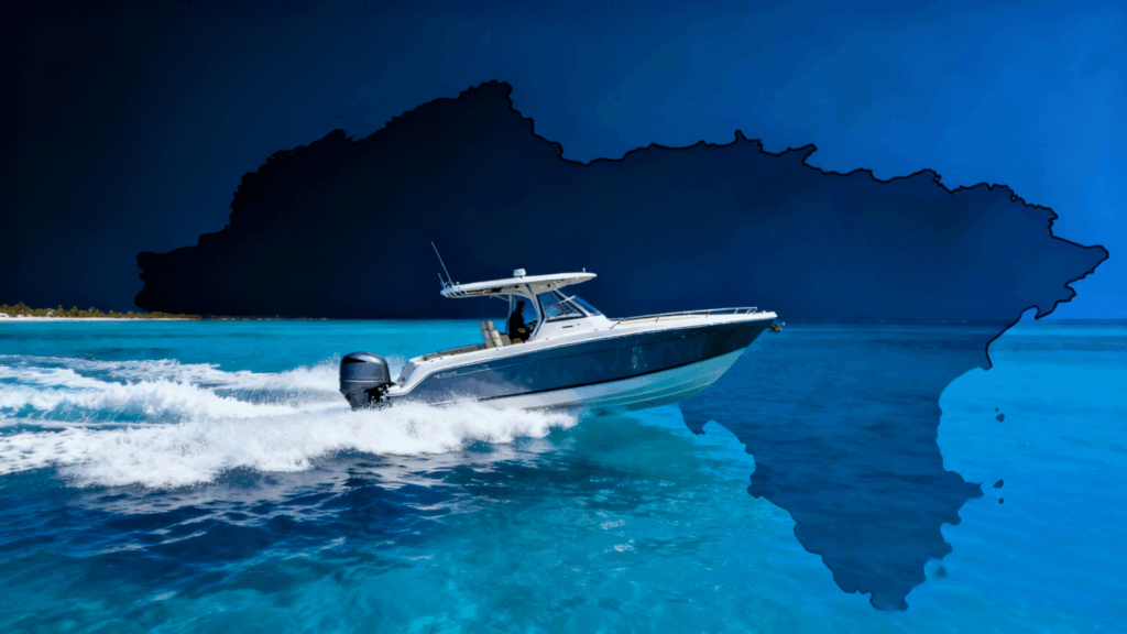 jimeng-2025-11-21-4858-去除画面中的所有文字，保持深蓝色渐变背景、现代化舷外机船艇在加勒比海航行的场景，...副本