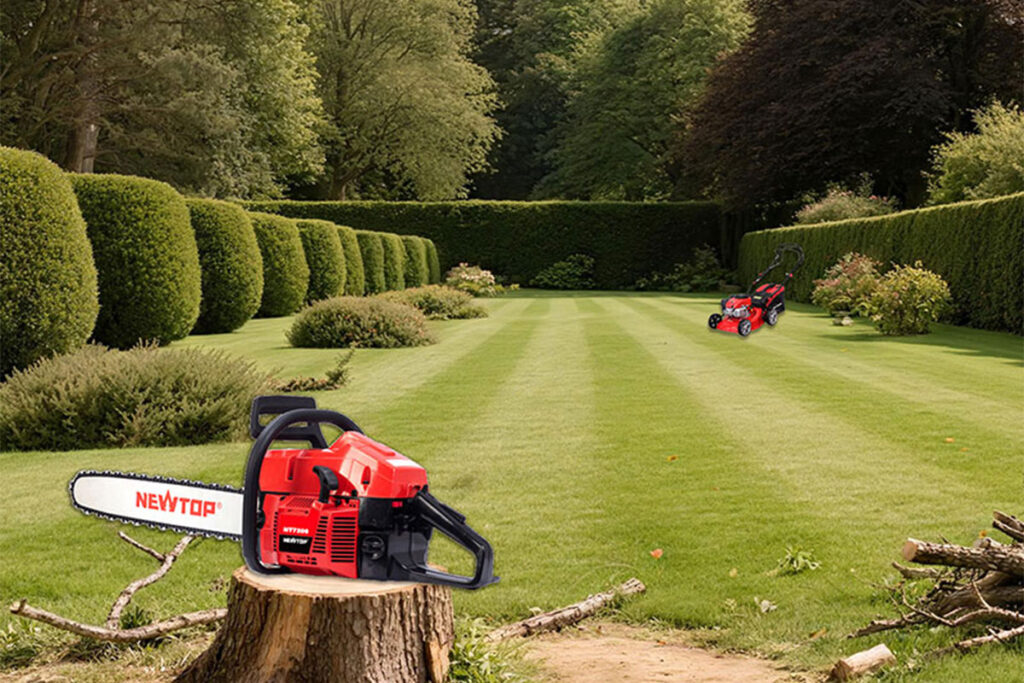 jimeng-2025-11-24-6297-宁静而专业的户外林地和花园环境，有整齐的修剪树枝、修剪整齐的草坪区域和有序的工作..